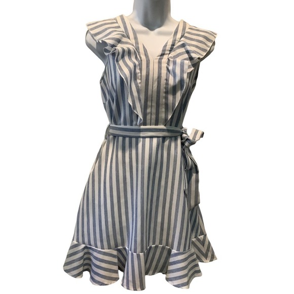 SHE + SKY BLUE AND WHITE STRIPE SLEEVELESS CHAMBRAY DRESS L NWOT - Picture 9 of 9